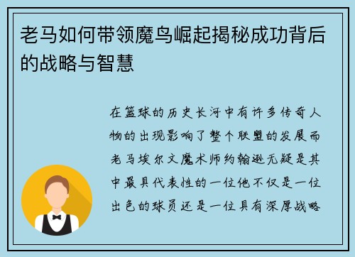 老马如何带领魔鸟崛起揭秘成功背后的战略与智慧