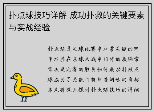 扑点球技巧详解 成功扑救的关键要素与实战经验