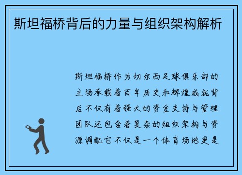 斯坦福桥背后的力量与组织架构解析